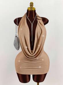 Amplova Sexy Kleid mit tiefem Ausschnitt und rückenfreiem Trägerkragen für Damen in Große Größen - Gold - Übersicht 1