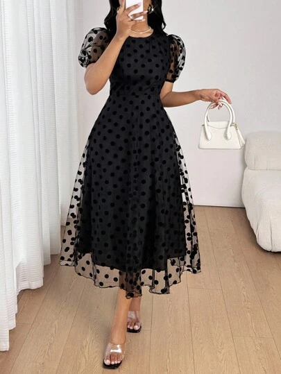SHEIN Lady Plus Size Women Elegant Retro Polka Dot Sheer Mesh Puff Sleeve Waist Cinched Dress Black Polka Dot Dress Elegant Midi Dress Ankle Length Dress Black Midi Dress