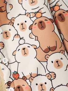 SHEIN 年轻女孩可爱猫咪印花保暖内衬连帽轻便夹克，保暖内衬设计有效锁住热量，提供温暖的穿着体验，特别适合秋冬季节 - 卡其色 - 查看 3