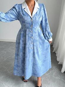 Elenzga 大码女式法式休闲提花长袖连衣裙蓝色碎花连衣裙纽扣连衣裙翻领连衣裙女式连衣裙 - 淺藍色 - 查看 7