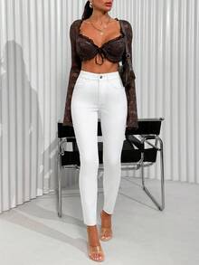 EURMUSE Stretchiga vita skinny jeans med hög midja, avslappnade - Vitt - Visa 5