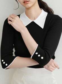 FRIFUL Women's Contrast Color Ribbed Faux Pearl Button Embellished Knit Top Black Knit Top Pearl Button Top Half Sleeve Top Collared Knit Top Women Preppy Top
