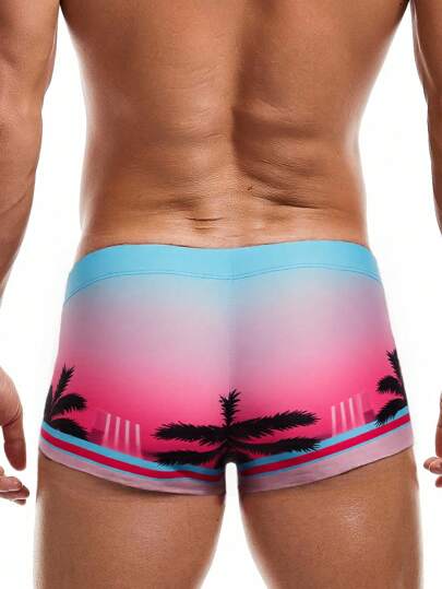 Street Life Men's Letter & Palm Tree Print Drawstring Waist Casual Swim Trunks
