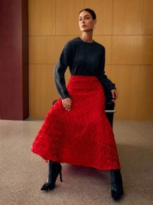 MOTF PREMIUM APPLIQUES BIAS CUT SKIRT - Red - View 7