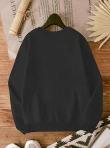 INAWLY Plus Size Halloween Ghost & Coffee Print Crew Neck Sweatshirt Pullover Fall Winter Autumn - Black - View 2