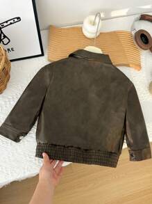 SHEIN Kids/Young Boy Casual Everyday Versatile Comfortable PU Collar Patch Pocket Loose Woven Thick Motorcycle Jacket, Suitable For School, Garden, Beach, Birthday, Spring, Summer, Fall, Winter - Bronze - View 5