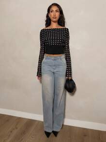 Glamine Elegant Party Off-Shoulder Polka Dot Print Women's Black Mesh Long Sleeve Undershirt, Winter - Black - View 4