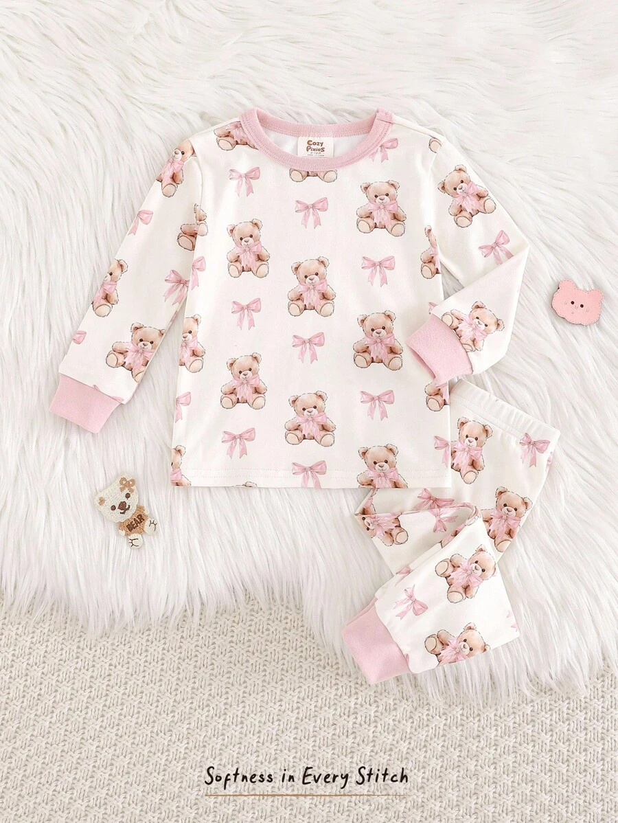 Cozy Pixies Conjunto de Pijama com 2 Peças, Top de Manga Longa Gola Careca e Legging de Cintura Elástica com Estampa de Urso Cartoon para Meninas Bebê