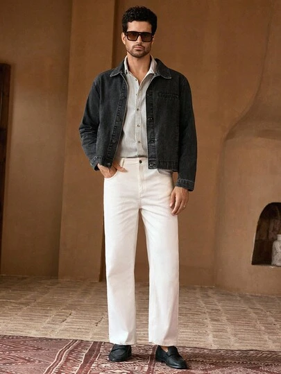 HIMLAND 男士休闲户外牛仔夹克，适合日常穿着黑色牛仔夹克男士牛仔外套男士牛仔夹克黑色牛仔夹克男士牛仔夹克黑色牛仔夹克男士男士黑色牛仔夹克深色水洗牛仔夹克