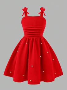 Teen Girl Red Spaghetti Strap Bowknot Waist Midi Dress, & Elegant Back To School Dress With Beaded Embellishment, Made Of High-Quality Textured Fabric - Red - View 6