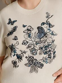 Anewsta Elegant Floral & Butterfly Embroidery Short Sleeve T-Shirt Top, Summer