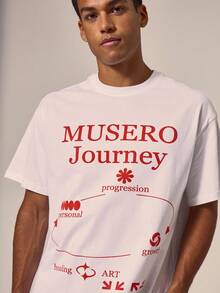 Musero Journey 图案宽松T恤，艺术印花落肩设计，适合春季、夏季、度假和假日穿着。 - 白色 - 查看 2