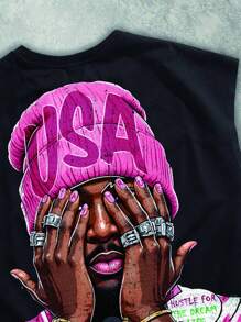 Manfinity Roghcode 男士圆领图案印花黑色时尚短款背心，emo 风格 - 黑色 - 查看 2