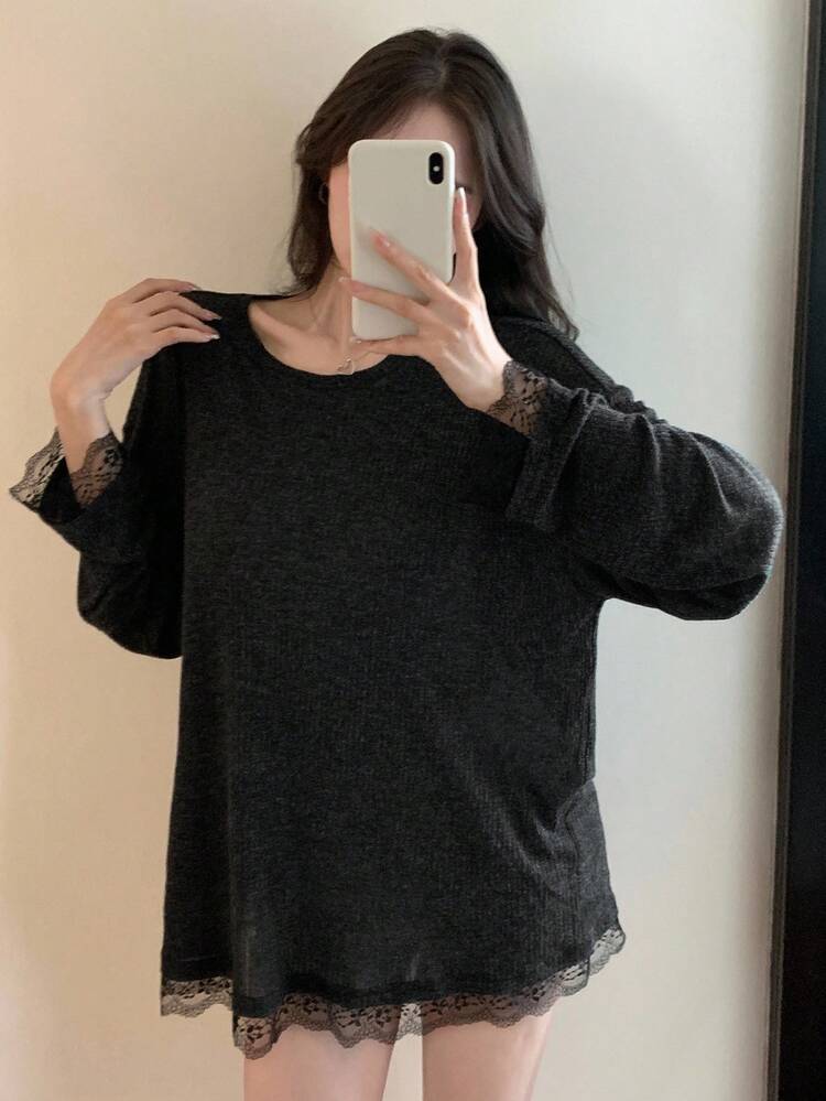 Lace Patchwork Long Sleeve Loose Long T-Shirt For Women, Spring