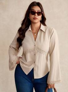 Elaquor Plus Size Women's Fashionable Elegant Lace Patchwork Button Down Long Sleeve Shirt Clothes For Women Spring - Apricot - View 2