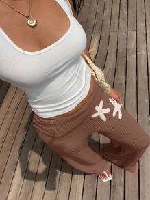 SHEIN EZwear Women's Solid Color Vacation Style Knit Wide Leg Pants - Coffee Brown - View 3