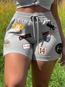 Rovax Plus Size Women Printed Tie-Waist Simple Daily Shorts, Graphic Gym Shorts, Summer - Grey - View 3