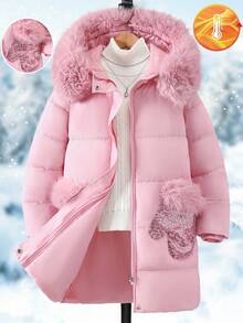 SHEIN 1pc Mid-Length Hooded Parka With Faux Fur Collar, Pockets & Sequin Decor, Zipper Closure, Winter Fall - Baby Pink - View 6