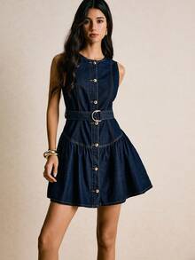 Poéselle Váy denim không tay viền bèo nhún màu trơn cho nữ Váy denim cho nữ Váy denim cài nút Váy denim có thắt lưng Váy denim ngắn cho nữ Váy denim có thắt lưng Váy denim cho phụ nữ có đường cong - Rửa tối - Xem 8