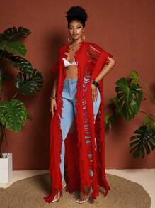 Maweii 大码女式毛衣女士时尚度假流苏镂空超长开衫白色优雅 - 紅色 - 查看 7