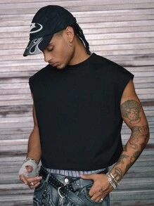 AXEPEAK 高街时尚上衣男士宽松无袖 T 恤蜘蛛图案水钻装饰背心，2000 年代风格 - 黑色 - 查看 2