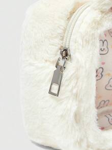 ROMWE Kawaii 粉色女士可爱毛绒刺绣兔子印花便携方形化妆包 - 白色 - 查看 5