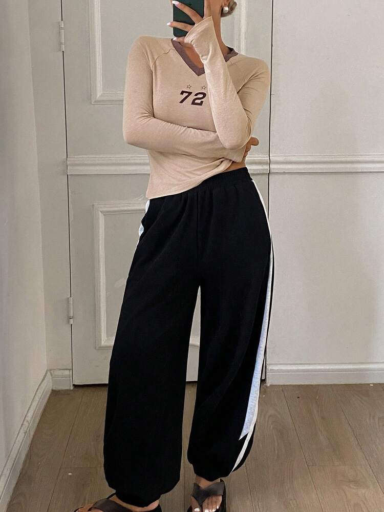 2pcs Women Star & Numeral Print V-Neck Slim Fit Long Sleeve T-Shirt And Loose Fit Long Pants Pajama Set, Fall Clothes