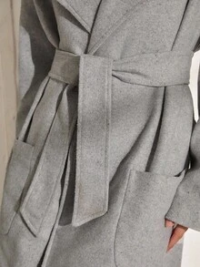 CLARA VERO Women's Solid Color, Belted, Long Overcoat - Grey - View 3