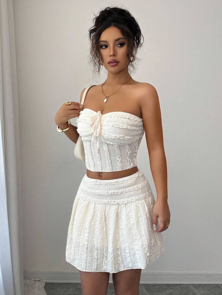 Chiquease 女士优雅时尚修身纹理面料露肩裙两件套，春秋季，全白派对装 - 杏色 - 查看 6