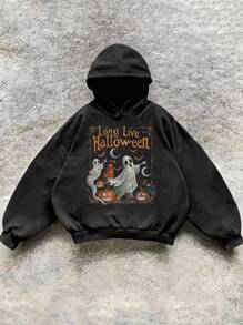 INAWLY 秋冬宽松落肩长袖女式标语和幽灵印花连帽衫套头衫秋季