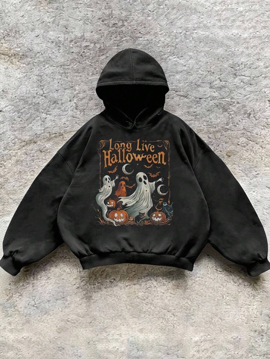 INAWLY 秋冬宽松落肩长袖女式标语和幽灵印花连帽衫套头衫秋季