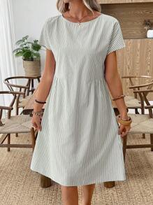 EMERY ROSE Váy cổ tròn sọc thường ngày mùa hè cho nữ Váy thường ngày mùa hè Váy ngắn tay mùa hè Váy sọc mùa hè Váy mùa hè cho nữ - màu xanh lá - Xem 3