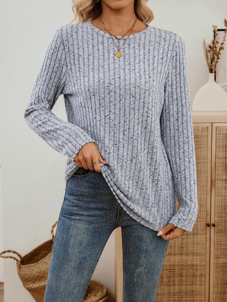 Women's Solid Color Round Neck Long Sleeve Ribbed Casual Loose T-Shirt Women Ribbed Sweater Grey Ribbed Top Long Sleeve Ribbed Top Women Grey Sweater Ribbed Knit Sweater,Fall - Grey - View 3