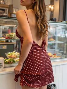 INAWLY Damen Polka Punkt Muster rückenfrei Trägerkleid mit Schal, Urlaubsstil, Sommer - Bordeaux - Übersicht 2