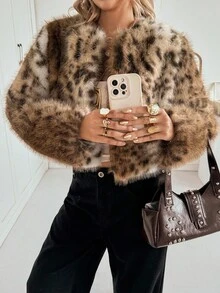 Siren Gaze 秋冬新款豹纹蓬松短款女外套 - 棕色 - 查看 4