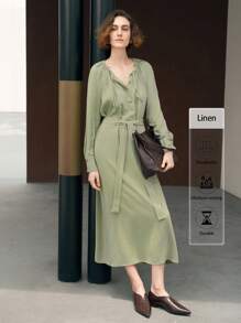 Uhlyne Women's Autumn Minimalist Loose Comfortable Cinched Waist Tie Long Sleeve Casual Commuter Green Linen Dress Shirt Fall Cloth For Women