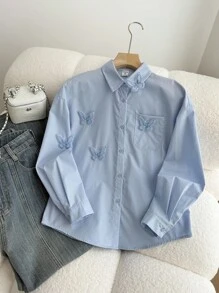 Tween 女童蓝色编织纯色蝴蝶结宽松可爱休闲衬衫，适合春季、秋季、冬季、秋冬分层穿着 - 藍色 - 查看 5