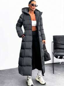 EURMUSE Iconic A Shape Silhouette Zip Up Hooded Padded Long Extra Warm Winter Coat - Navy Blue - View 8