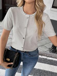 Pariaura Áo thun nữ cổ tròn tay ngắn họa tiết sọc đen trắng thanh lịch kiểu Pháp, trang phục thường ngày mùa xuân/hè cho sinh viên - Đen và trắng - Xem 4