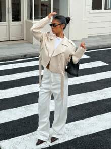 SHEIN EZwear Chaqueta corta casual con cremallera y cuello para mujer - Albaricoque - Ver 4