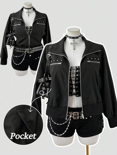 Flirla Plus Size Women's Stand Collar Rivet Strap Metal Zipper Long Sleeve Black Side Pocket Elegant Retro Punk Chic Casual Motorcycle Jacket Fall Winter Cloth For Women Autumn