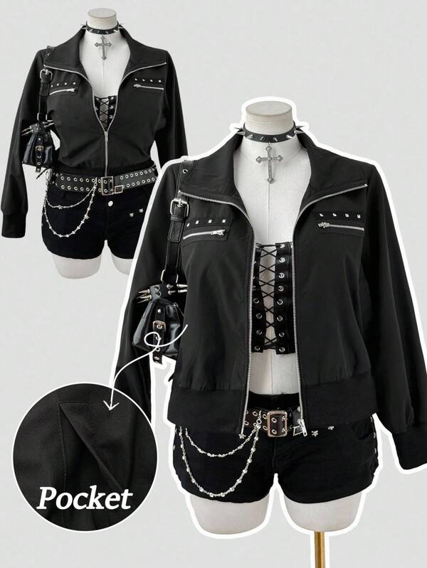 Sunspun Plus Size Women's Stand Collar Rivet Strap Metal Zipper Long Sleeve Black Side Pocket Elegant Retro Punk Chic Casual Motorcycle Jacket