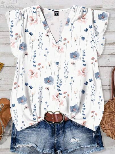 SHEIN LUNE Women's Watercolor Floral Casual Shirt, Minimalist Style Suitable For Summer Suitable For Going Out Chic Blouses For Women