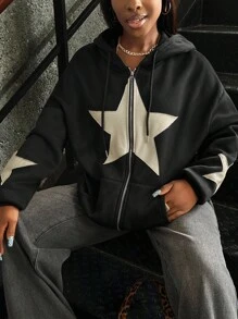 INAWLY 女士秋季五角星印花落肩长袖拉链连帽休闲卫衣，长袖上衣，毕业季、教师节、返校季套头衫 - 黑色 - 查看 5