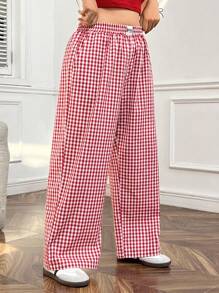 Solflare Plus Size Red & White Plaid Straight Leg Casual Pants With Pockets, Spring/Summer - Red - View 4