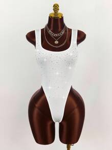 Amplova Rhinestone Embellished Sexy Bodysuit For Women, Party Wear White Bodysuit - Multicolor - View 9