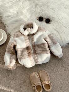 SHEIN 男女通用婴儿格子毛绒立领拉链夹克，可爱百搭，秋冬婴儿服装 - 彩色 - 查看 12