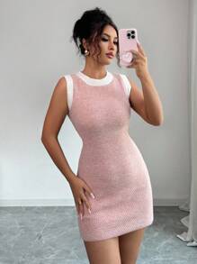 SHEIN Raffinéa 撞色修身圆领无袖毛衣裙 - 粉色 - 查看 7