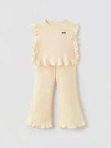 Maija Kids Maija Kids 2件套 女童宽松荷叶领短袖T恤和喇叭裤夏季套装 - 杏色 - 查看 1