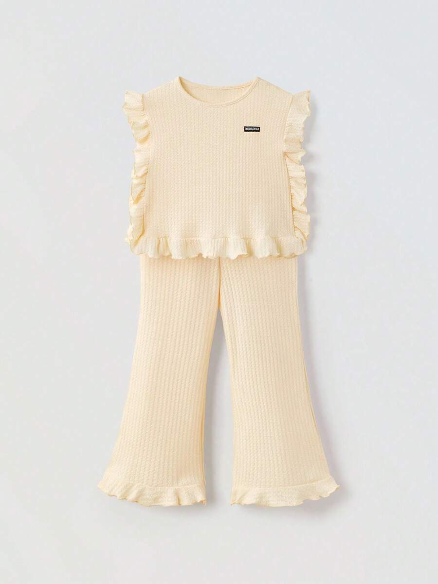 Maija Kids Maija Kids 2件套 女童宽松荷叶领短袖T恤和喇叭裤夏季套装 - 杏色 - 查看 1
